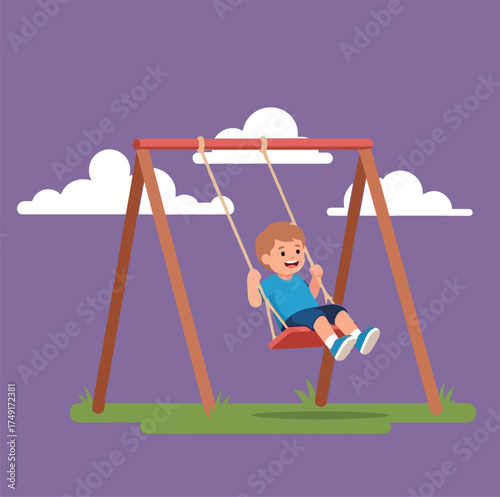 Happy young boy swinging on a playground swing set under a purple sky with clouds.