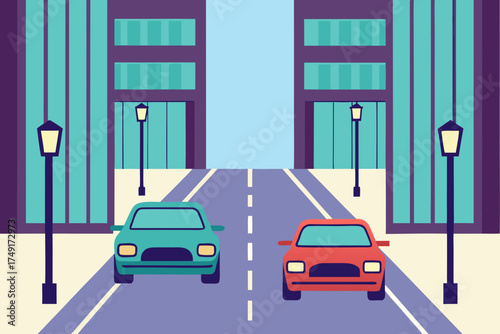 Two cars driving down a city street with tall buildings