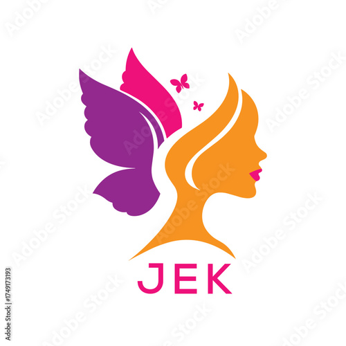 JEK Elegant Butterfly Woman Logo Design.  JEK Beauty and Wellness Brand Identity. JEK Feminine Salon and Cosmetic Symbol.
