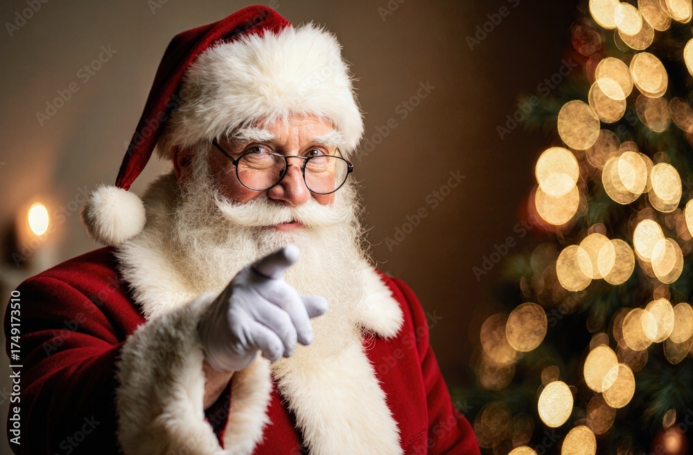 Naklejka premium Elderly caucasian male santa claus pointing beside festive christmas tree
