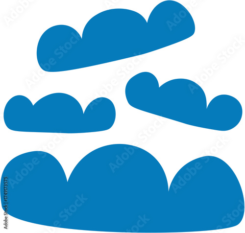A simple graphic illustration featuring four stylized blue clouds of varying sizes, arranged against a white background.