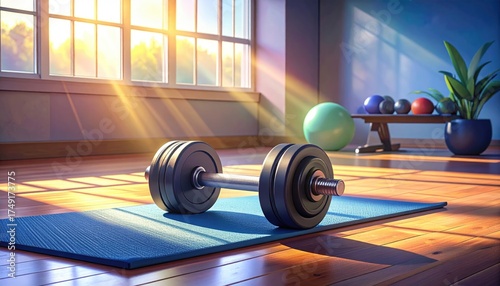 Indoor Gym Scene with Sunlight Streaming Through Window onto Dumbbell and Exercise Equipment