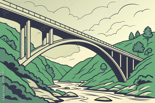 Arch bridge spanning a river valley with rolling green hills and clouds