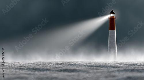 Lighthouse beaming light through fog over the ocean.