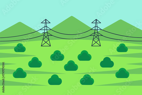 Power lines crossing a green landscape with hills and bushes