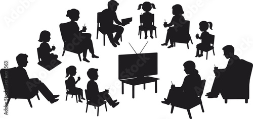 Large family watching television together, parents and children sitting in living room, family bonding, entertainment, leisure time, TV night silhouette