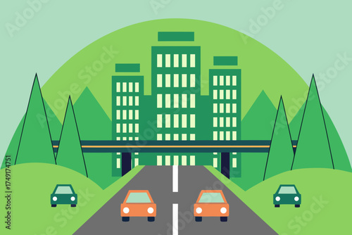 Modern cityscape with highway and cars illustration