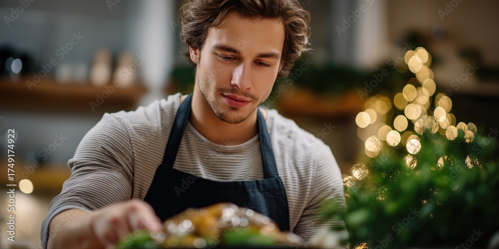 Fototapeta premium Young caucasian male chef preparing holiday meal in cozy kitchen setting