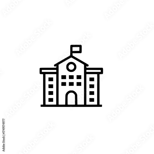 Minimalist vector outline icon depicting a traditional school or university building with a flag, a clean and widely recognizable graphic asset