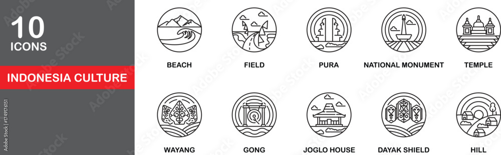 Φωτογραφία Set of 10 line icons inspired by Indonesian culture and heritage