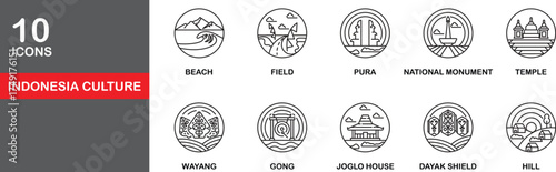 Set of 10 line icons inspired by Indonesian culture and heritage. Features landmarks, nature, and traditional art in a clean minimal outline style. Perfect for travel or cultural design.