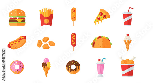 Assortment of Colorful Fast Food Icons on White Background.