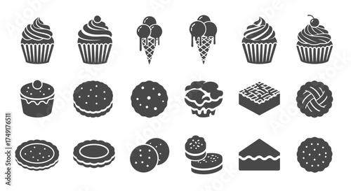 Assortment of Sweet Treats - Cupcakes, Ice Cream, Cookies, and Cake.