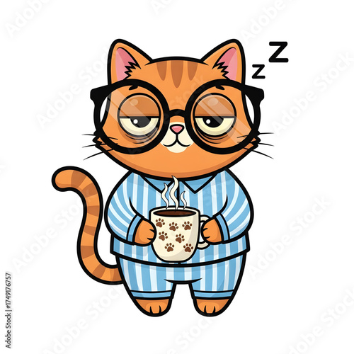 A cheerful cartoon vector illustration of a sleepy cat wearing oversized glasses and striped pajamas, holding a steaming coffee mug with tiny paw prints. Exaggerated round eyes show tiredness.
