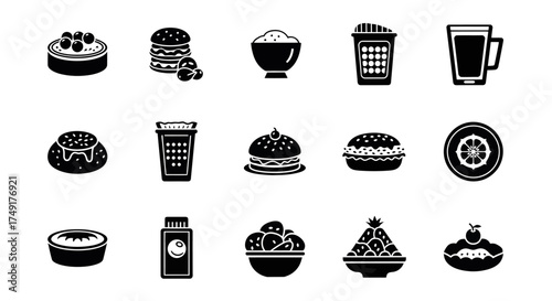 Collection of Black and White Food Icons Representing Various Dishes.