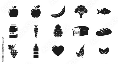 Healthy Food Icons Collection - Fruits, Vegetables, Protein, and Grains.