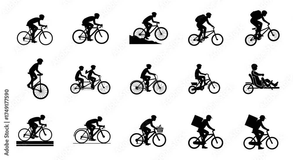 Naklejka premium Silhouetted Cyclists - A Diverse Collection of Bicycle Riders in Motion.