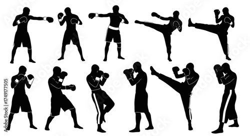 Silhouette Collection of Martial Arts Fighters in Various Poses.