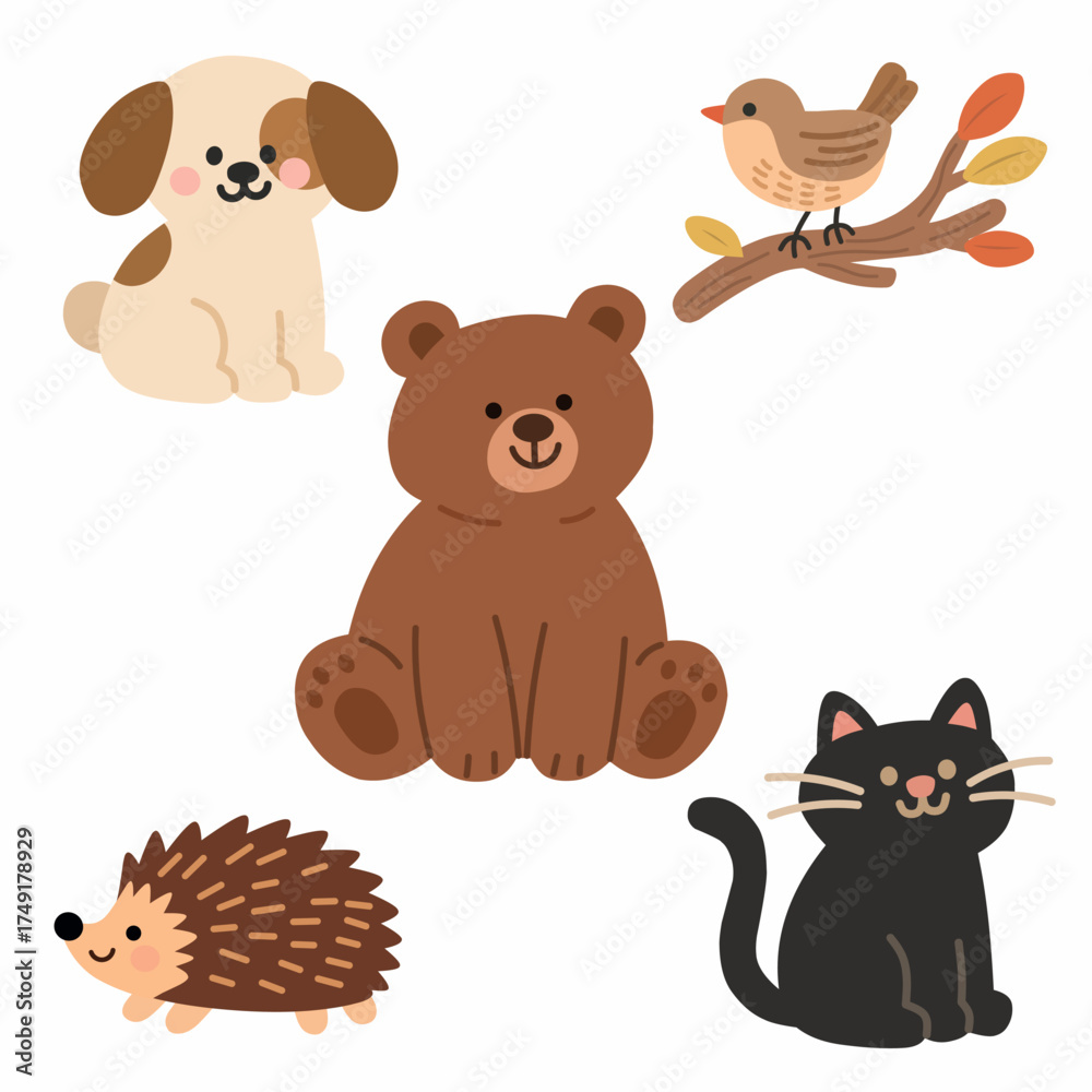 Naklejka premium Charming woodland animals including bear, hedgehog, bird, and cat in flat cute style.