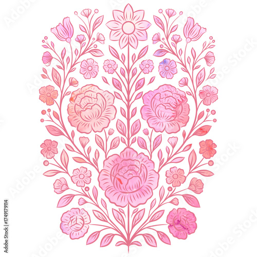 Vector pink watercolor illustration of decorative floral illustration. Delicate clip art with flowers and stems in rococo style