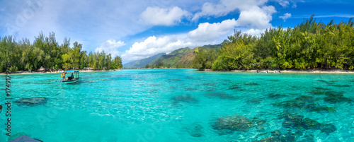 Panoramic view of turquoise waters and motus (uninhabited isles) surrounding the Moorea Coral garden, Society Islands, French Polynesia, South Pacific Ocean