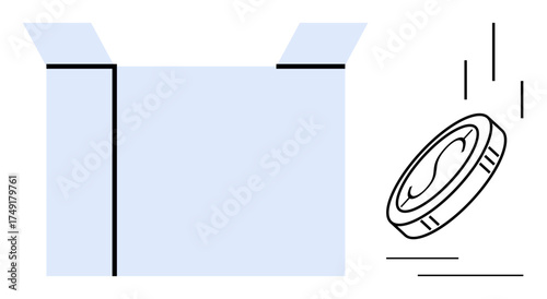 Open box with a coin in motion highlights ideas of opportunity, financial growth, innovation, and resourcefulness. Ideal for business, entrepreneurship, finance, investment, creativity