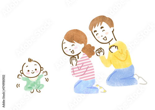 おすわりができた赤ちゃんを見て喜ぶ両親のイラスト