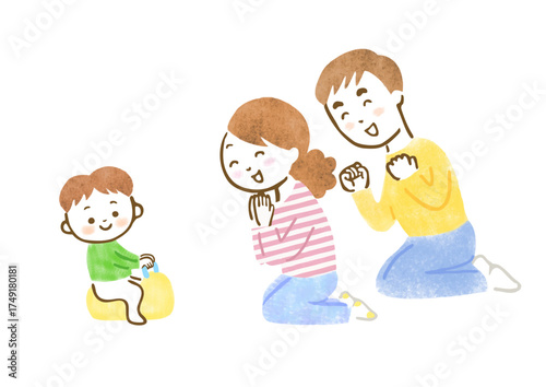 おまるに座ってトイレトレーニングをする子供を応援している両親のイラスト
