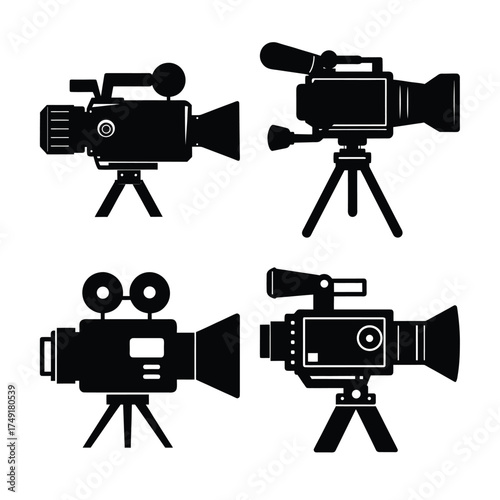 Collection of four silhouette vintage and modern video cameras on tripods