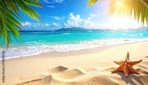Idyllic Tropical Beach with Turquoise Water White Sand Palm Leaves and Starfish in Bright Sunlight