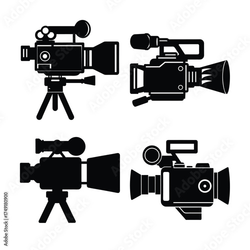 Collection of four silhouette icons representing different types of professional video cameras