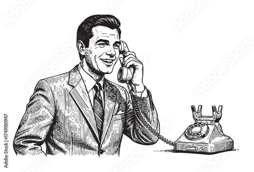 Businessman Suit Talking Happily on a Classic Rotary Telephone