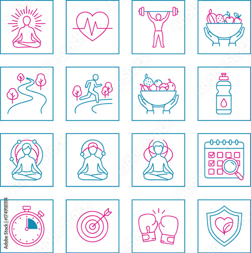 Healthy Lifestyle Line Icons Fitness, Nutrition, and Wellness Symbols