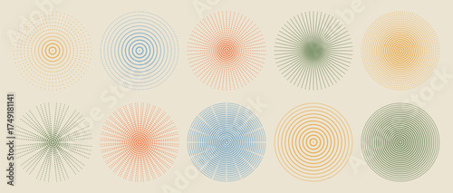 Soft retro color halftone radial dotted circular shapes geometric abstract vector set symmetry background burst motion illusion design elements vintage pattern minimal warm palette