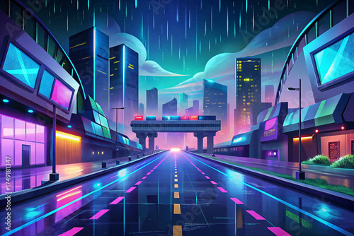 Cyberpunk road under holographic billboards and neon rain wallpaper vector, futuristic dystopian cityscape