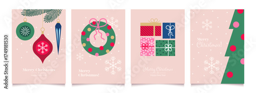 Merry Christmas and Happy New Year Set of greeting cards, posters, holiday backgrounds.