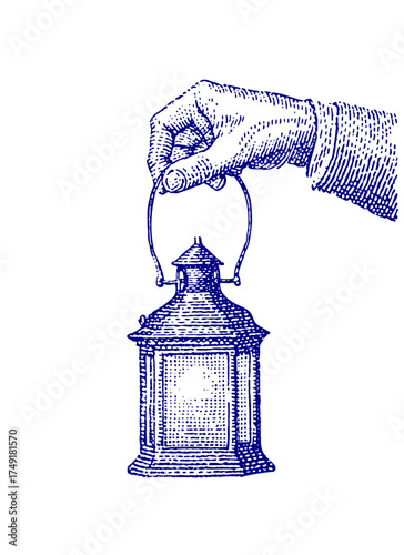 Hand holding a vintage lantern illustration. Vintage woodcut engraving linocut vector illustration.