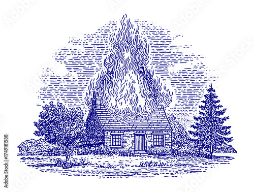 Burning cottage illustration. Vintage woodcut engraving linocut vector illustration.