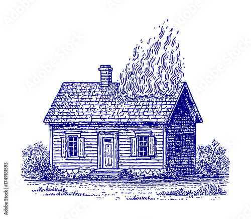 Burning House Illustration. Vintage woodcut engraving linocut vector illustration.