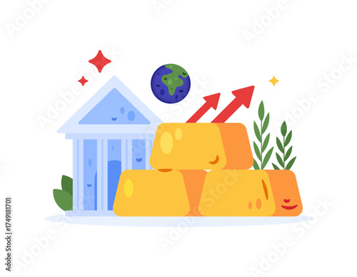 The concept of rising global gold prices. Increasingly increasing. The benefits of gold investment. Illustration of a bank building symbol, a pile of gold bars, and an upward arrow. Flat design style.