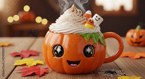 A cute pumpkin-shaped mug filled with a steaming hot beverage topped with whipped cream and Halloween candy.