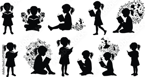 Silhouette collection of young girls reading books, creative fantasy design, imagination, education, storytelling, fairy tale art, childhood learning, and  