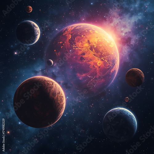 Vibrant star system with central planet surrounded by smaller planets and moons