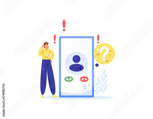 unknown call concept. beware of fraudulent or scam calls. suspicious calls. illustration of a man receiving a call from an unknown number. warning and crime. flat style design. white background