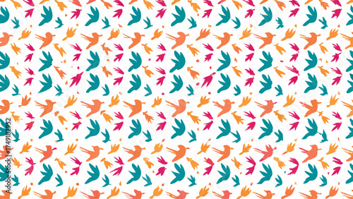 Playful bird pattern design with vibrant teal, pink, and orange hues makes a stunning textile print or whimsical wallpaper for nurseries and children's rooms