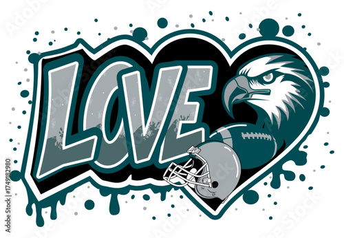 Graffiti lettering LOVE with heart, eagle, football and helmet in silver and midnight green. Dynamic street art vector design, bold sports illustration, urban typography for modern style.