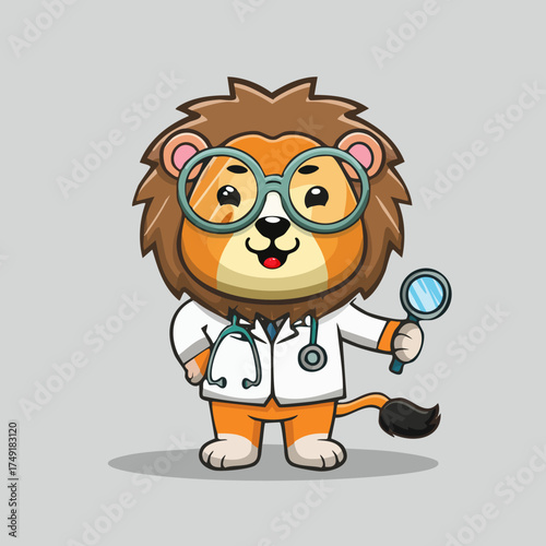 Smart Lion Character Wearing Stethoscope and Glasses Holding Magnifying Glass