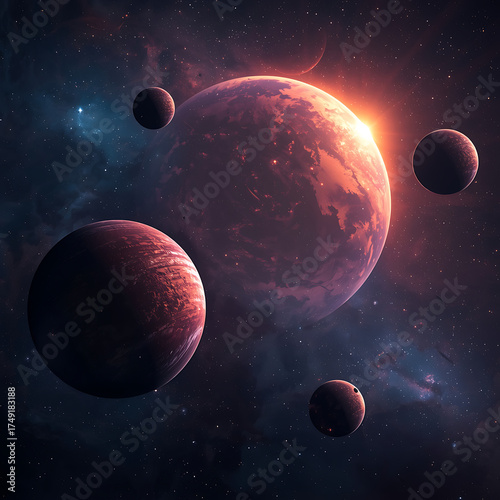 Large reddish planet with orbiting moons against starry space backdrop