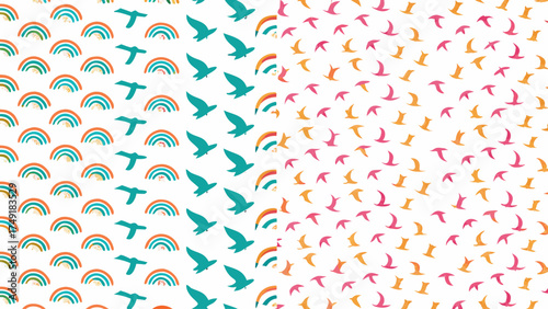 Cheerful rainbow and birds pattern, perfect for children's designs, vibrant textiles, and playful backgrounds bringing a touch of whimsy and joy to any project