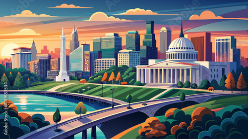 Very beautiful City of Arlington in Northern Virginia with skyscrapers viewed from Washington Bridge, vector-style illustration highlighting modern skyline, sunset reflections, and urban sophisticatio